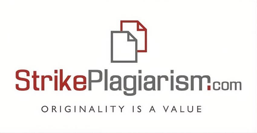 Логотип антиплагіатної системи StrikePlagiarism.com із корпоративним гаслом «Originality is a value»