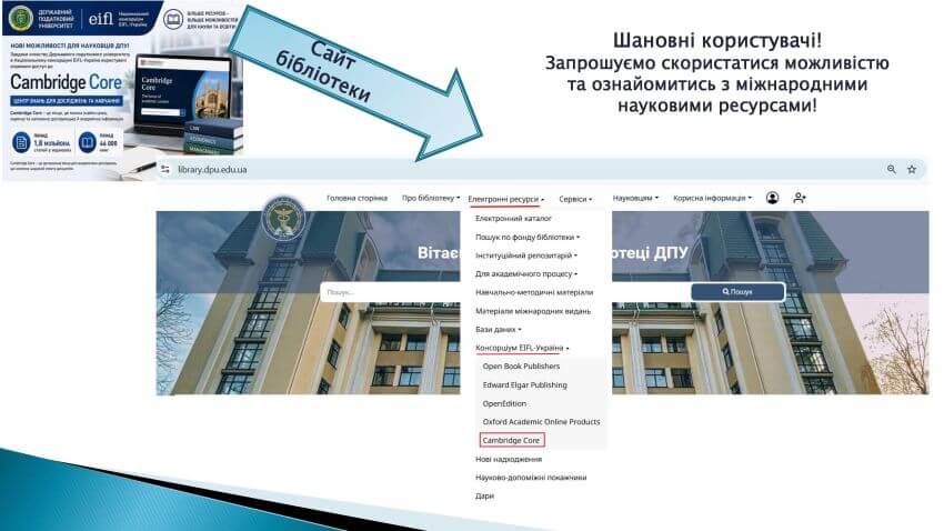 Інструкція з доступу до ресурсів Cambridge Core на сайті бібліотеки: розділ Електронні ресурси, підрозділ Консорціум EIFL-Україна