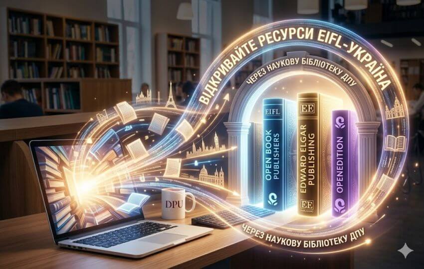Промо-банер доступу до електронних ресурсів EIFL-Україна через Наукову бібліотеку ДПУ. На зображенні символічне поєднання ноутбука, цифрових потоків знань та видань Open Book Publishers, Edward Elgar Publishing та OpenEdition