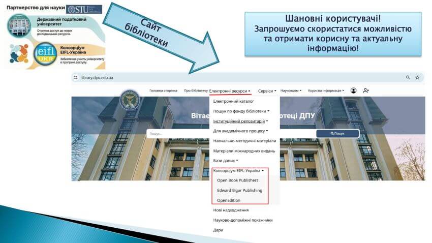 Інструкція з доступу до ресурсів Консорціуму EIFL-Україна на сайті бібліотеки. Розділ «Електронні ресурси» — «Консорціум EIFL-Україна» з переліком доступних видавництв