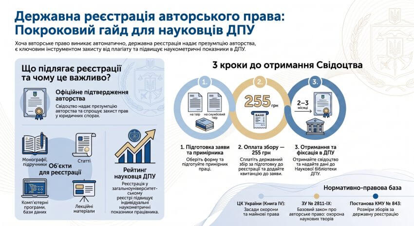 Покроковий гайд у вигляді інфографіки щодо державної реєстрації авторського права на наукові твори для співробітників Державного податкового університету