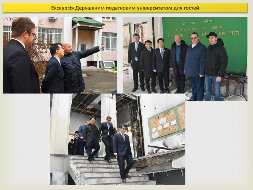 Колаж фотографій з екскурсії територією університету: Посол Пак Кічанг оглядає зруйновані внаслідок бойових дій корпуси ДПУ
