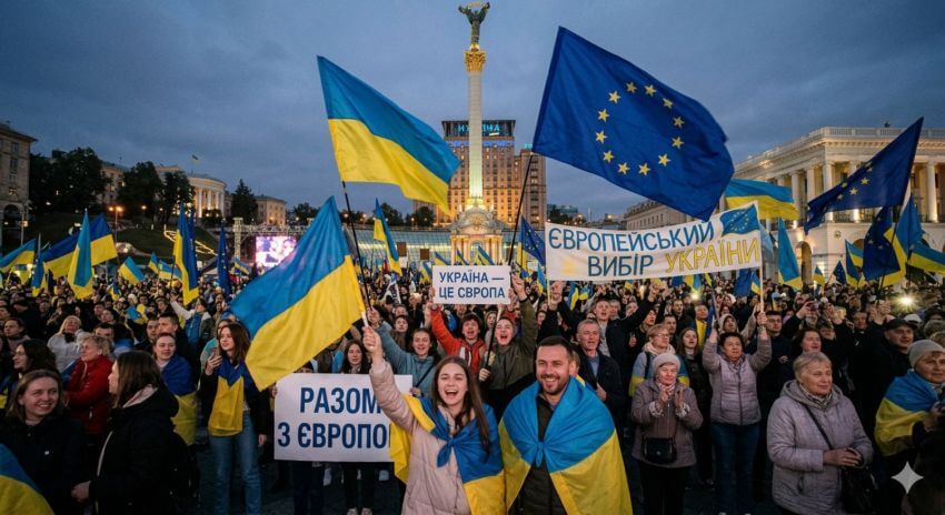 Масова акція на Майдані Незалежності в Києві на підтримку європейської інтеграції України з прапорами України та ЄС до Дня Європи