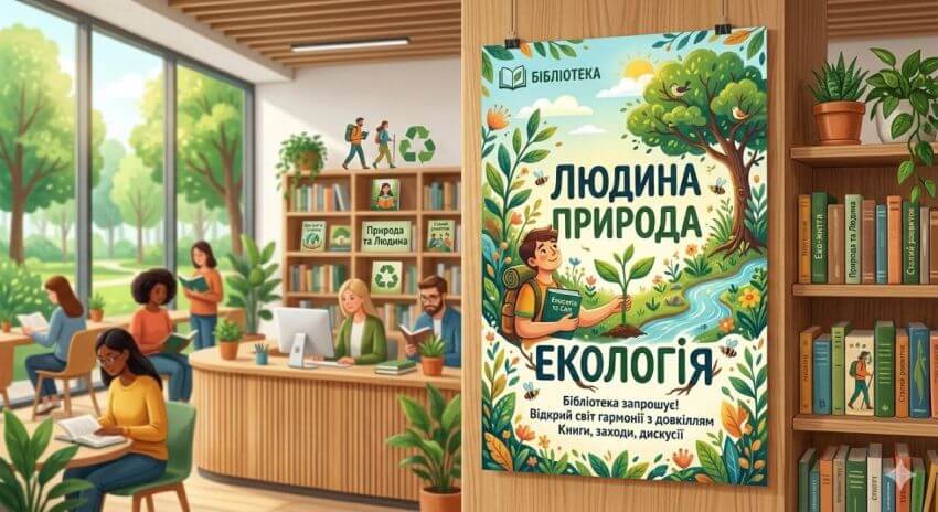 Цифровий малюнок затишного залу бібліотеки. На дерев'яній колоні висить постер із написом «Людина, Природа, Екологія» та закликом відвідати виставку книг. У приміщенні багато зелені, сонячне світло з великих вікон, люди за столами читають книги на екологічну тематику. На книжкових полицях також видно знаки переробки та еко-символіку