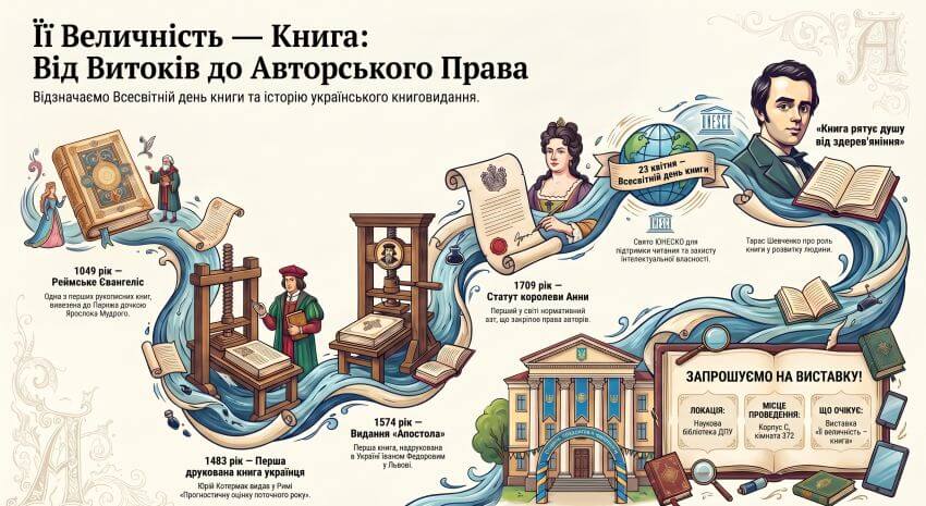 Інфографіка до Всесвітнього дня книги: хронологія від Реймського Євангелія (1049 р.) до Статуту королеви Анни про авторське право (1709 р.)