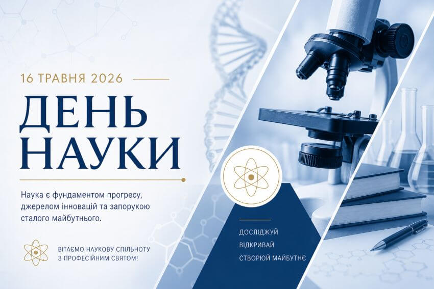 Інформаційний банер до Дня науки 16 травня 2026 року з мікроскопом та цитатою про значення науки як фундаменту прогресу