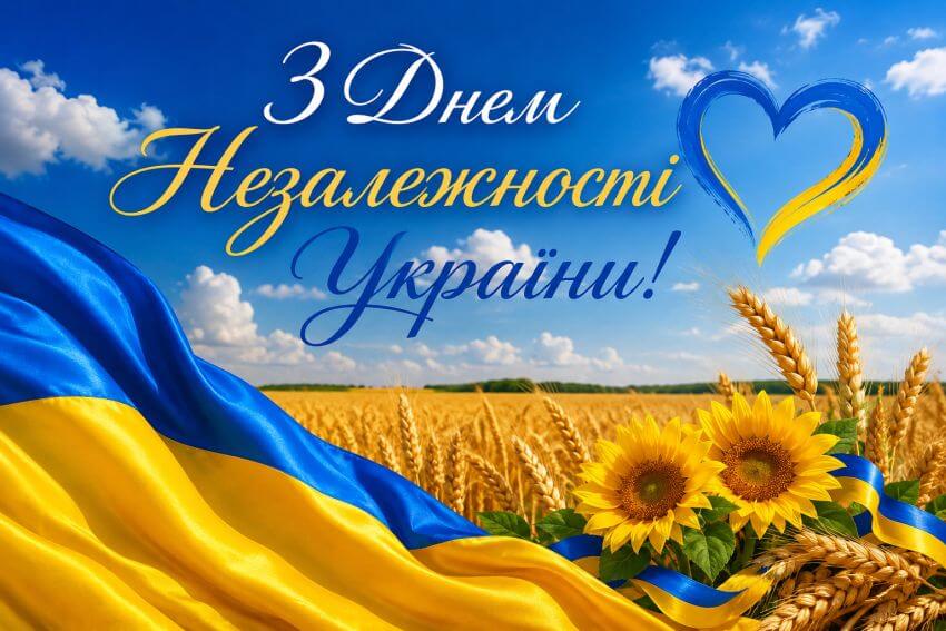 Святкова листівка З Днем Незалежності України з прапором, соняшниками та пшеничним полем