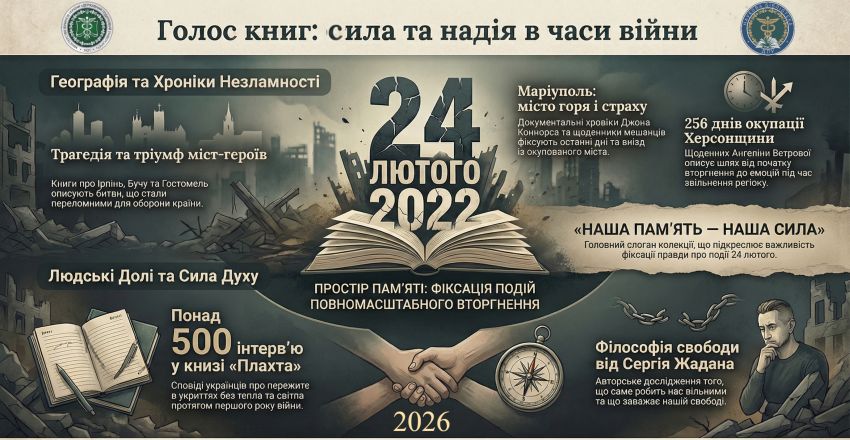 Інфографіка Наукової бібліотеки ДПУ під назвою Голос книг: сила та надія в часи війни. На банері зображено розгорнуту книгу на фоні руйнувань, дату 24 лютого 2022 року та ключові розділи виставки: Маріуполь, Херсонщина, міста-герої та філософія свободи