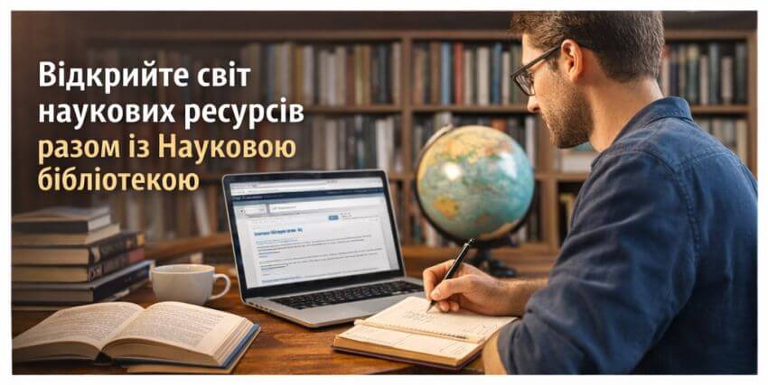 Молодий науковець працює з ноутбуком та книгами в Науковій бібліотеці ДПУ. Поруч стоїть глобус
