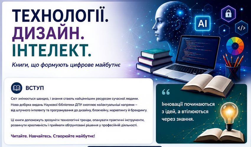 Інформаційний банер Наукової бібліотеки ДПУ «Технології. Дизайн. Інтелект. Книги, що формують цифрове майбутнє» з червневим анонсом нових надходжень книг про технології, дизайн та штучний інтелект. Текст вступу розповідає про нову добірку видань з ШІ, програмування, дизайну, блокчейну та маркетингу. Цитата на банері: Інновації починаються з ідей, а втілюються через знання