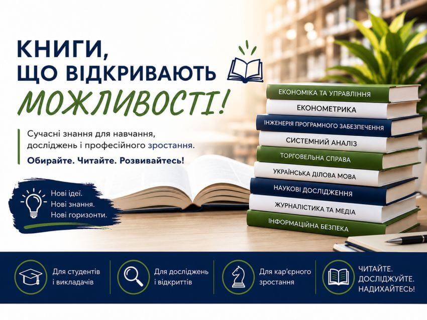 Інформаційний банер Наукової бібліотеки ДПУ «Обирайте. Читайте. Розвивайтесь! Книги, що відкривають можливості» з липневим анонсом нових надходжень книг різноманітної тематики. Цитата на банері: Сучасні знання для навчання, досліджень і професійного зростання