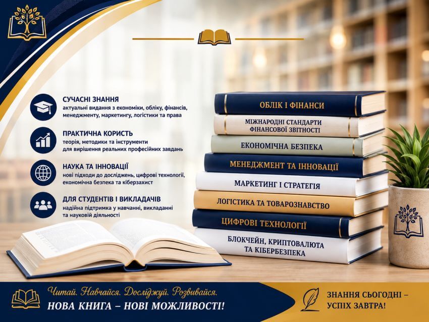 Інформаційний банер Наукової бібліотеки ДПУ «Читай. Навчайся. Досліджуй. Розвивайся. Нова книга – нові можливості!» з серпневим анонсом нових надходжень книг різноманітної тематики. Цитата на банері: Знання сьогодні – успіх завтра!»