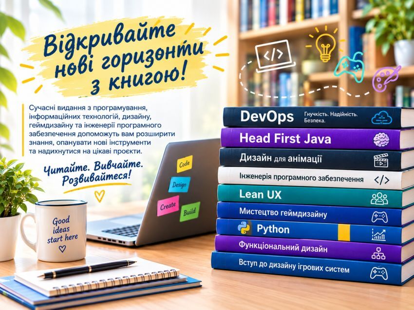 Інформаційний банер Наукової бібліотеки ДПУ «Читайте. Вивчайте. Розвивайтеся!» з вересневим анонсом нових надходжень книг, присвячених сучасним цифровим технологіям. Цитата на банері: «Відкривайте нові горизонти з книгою!»