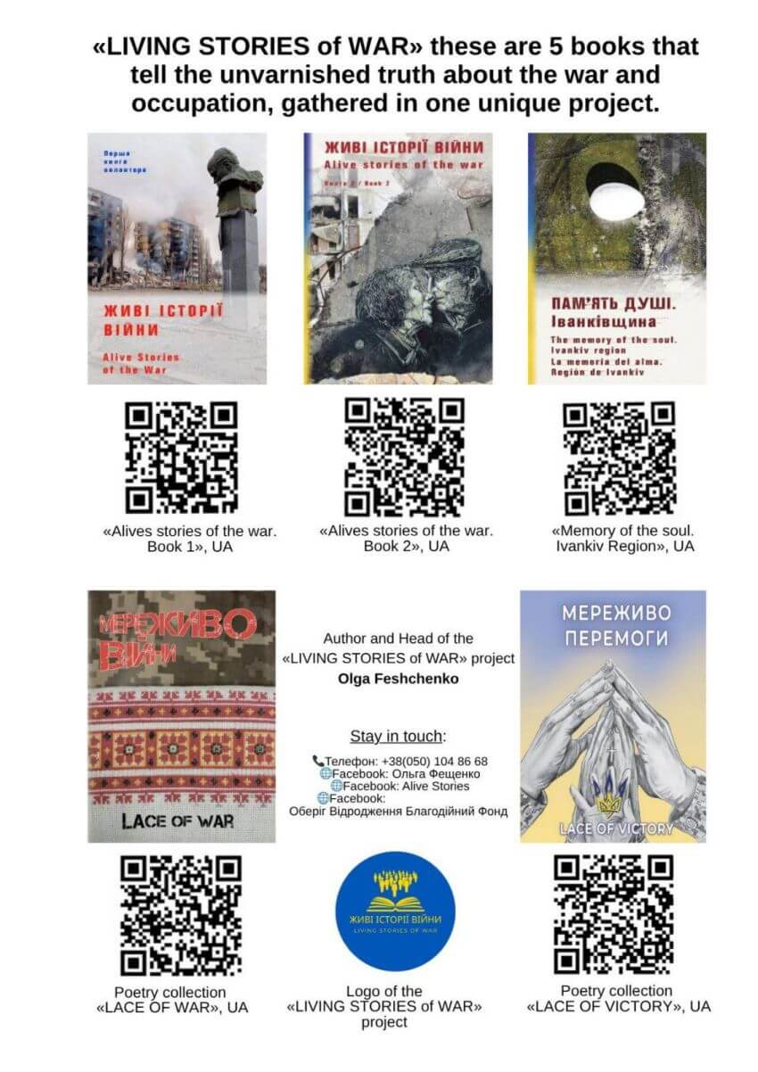 Інформаційний плакат проєкту «LIVING STORIES of WAR» із зображенням обкладинок п'яти книг та QR-кодами для доступу до них. Вказано ім'я автора — Ольга Фещенко та контактні дані