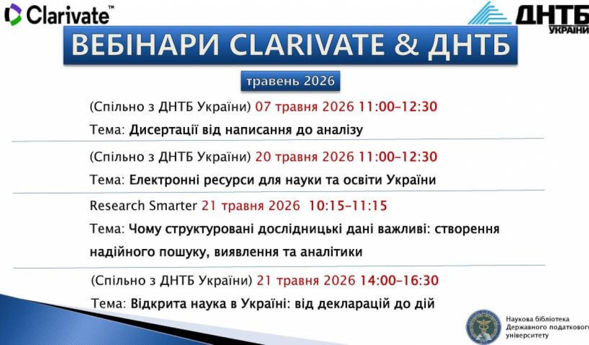Розклад вебінарів від компанії Clarivate та ДНТБ України на травень 2026 року